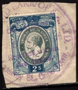 1937 South Africa Revenue King George V 2 Shillings Duty Stamp Used On Piece