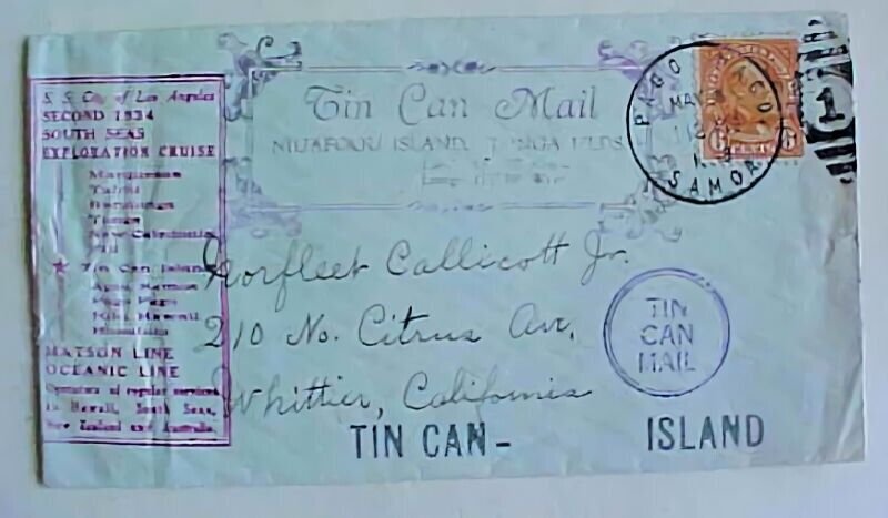 TONGA   TIN CAN USED in PAGO PAGO SAMOA 1935 TO USA