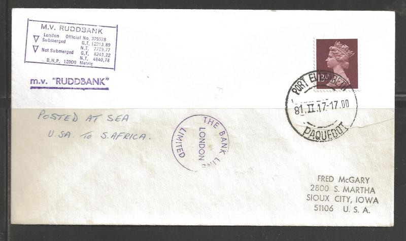 1981 Paquebot Cover,  British QEII stamp used in Port Elizabeth, South Africa