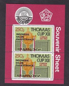 Indonesia  #1176a  MNH 1982  sheet Thomas cup surch Philexfrance in black