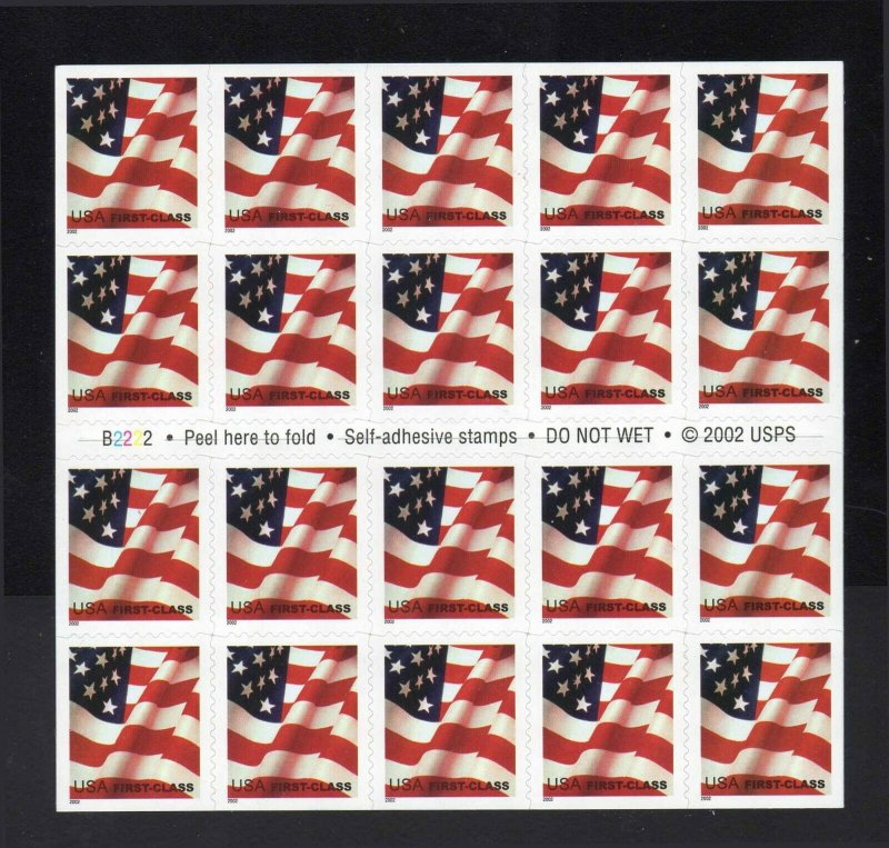 US Flag 37¢ Pane of 20    MNH 3623a  First Class