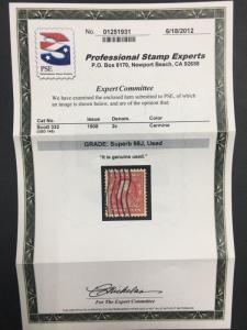 MOMEN: US STAMPS #332 USED PSE CERTIFICATE GRADED SUP-98J