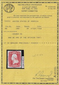 Scott #56 - $550.00 – VF-OG-LH – SHOWPIECE!