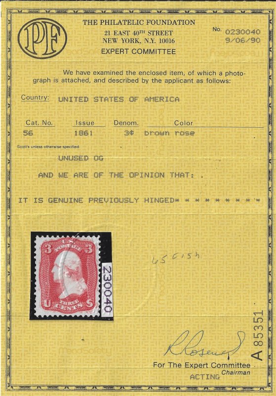 Scott #56 - $550.00 – VF-OG-LH – SHOWPIECE!