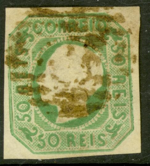 PORTUGAL 1862-64 50r Yellow Green KING LUIZ Imperf 4 Margins Sc 15 VFU