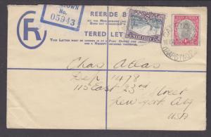 South Africa H&G C8 used 1936 4p Uprated Registered Envelope to New York City