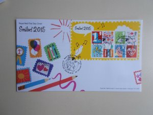 GB 2015 Smilers M/Sheet on First Day Cover Love Lane Birmingham Pictorial SHS