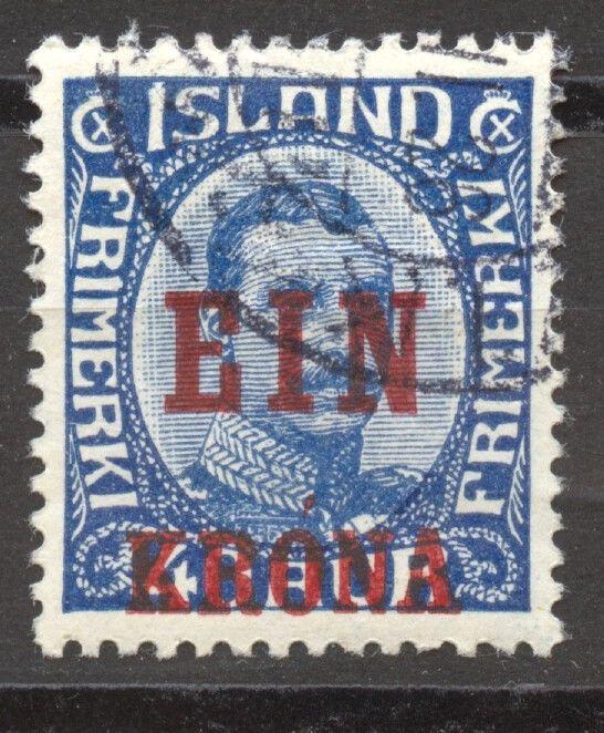 Iceland 1925 Overprint Christian X Scott # 150, the 1 K, VF ++ used, no faults, 