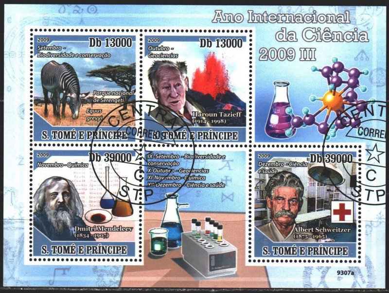 Sao Tome and Principe. 2009. Small sheet 4031-34. Scientists, Mendeleev, zebr...