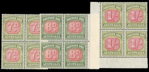 Australia #J78-80 Cat$252, 1947-53 7p, 8p and 1sh, blocks of four, never hinged