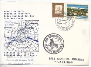 URUGUAY 1986 COVER WITH SPECIAL POSTMARKS FLIGHT ANTARCTIC BASE ARTIGAS MAPS