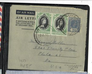 FIJI ISLANDS COVER (P2911B) 1953 KGVI 3D AEROGRAM+QEII CORONATIONX2 SENT TO USA 