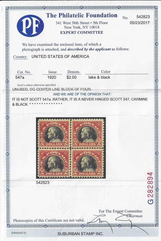 Scott #547 - $1,500.00 – XF-OG-NH –  Showpiece Center Line Block