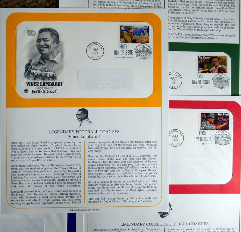 1997 Legendary Football Coaches Sc 3147-3150a set of 4 FDCs with PCS info pages