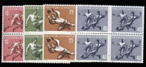 Liechtenstein #277-280 Cat$170+, 1954 Soccer, complete set in blocks of four,...