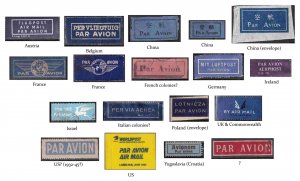 18 worldwide air mail etiquettes (labels), some vintage, all different