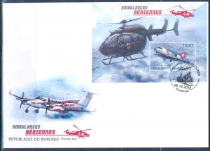 BURUNDI 2012 AERIAL AMBULANCES RED CROSS SOUVENIR SHEET FDC