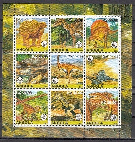 Angola, 2002 Cinderella issue. Dinosaurs on a sheet of 9. Scout logo in design.