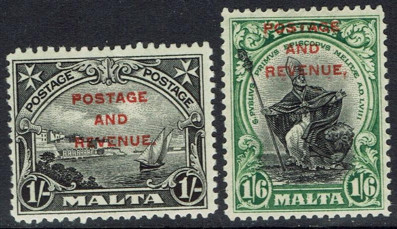 MALTA 1928 PICTORIAL OVERPRINTED POSTAGE AND REVENUE 1/- AND 1/6  