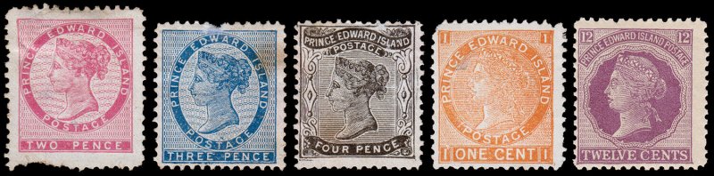 Prince Edward Island Scott 5, 6, 9, 11, 16 (1862-92) Mint H NG G-F, CV $48.00 M