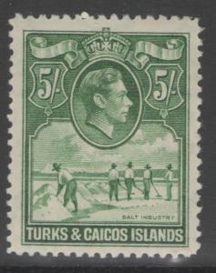 TURKS & CAICOS IS. SG204a 1944 5/= DEEP GREEN MTD MINT