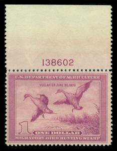 US 1938 HUNTING PERMIT STAMPS Pintail Drake $1 violet  Sc# RW5  MNH plate single