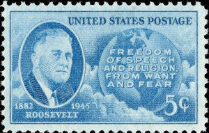 1946 5c Franklin D. Roosevelt Memorial Map, Four Freedoms Scott 933 Mint F/VF NH