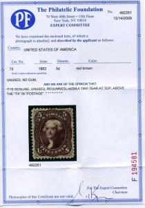  Scott #75 Jefferson Unused Stamp with PF Cert (Stock  #75-8)