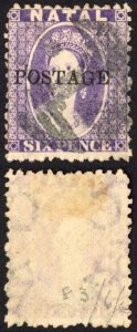 Natal SG83 6d Violet Wmk CC Opt POSTAGE (Davis) Cat 9 pounds