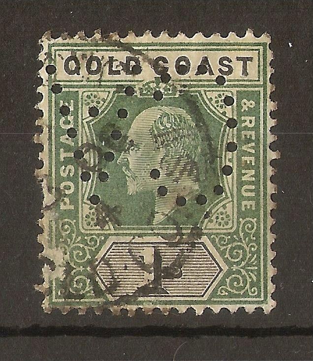 Gold Coast 1902 1/- SG44 CA Inverted Perfin