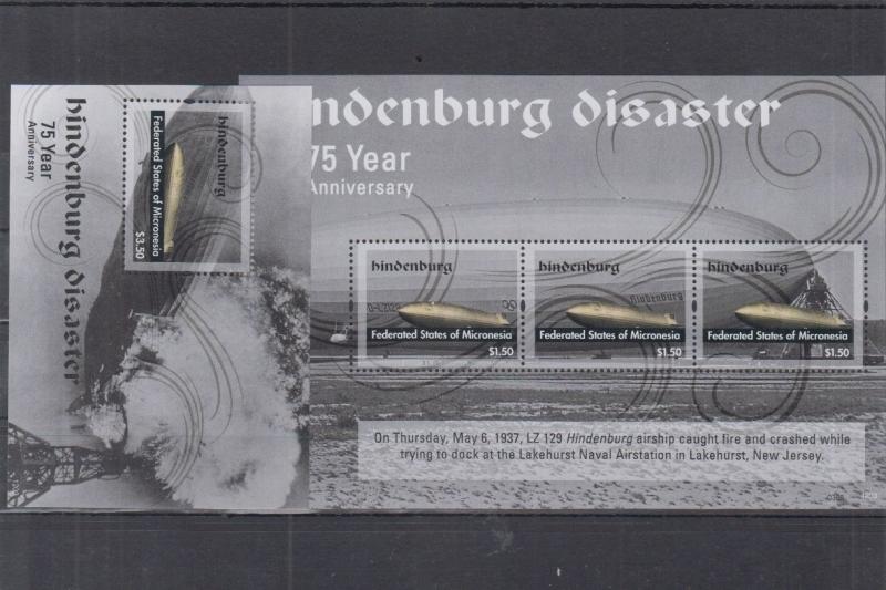 MICRONESIA 2 SHEETS ZEPPELINS DISASTER HINDENBURG AVIATION