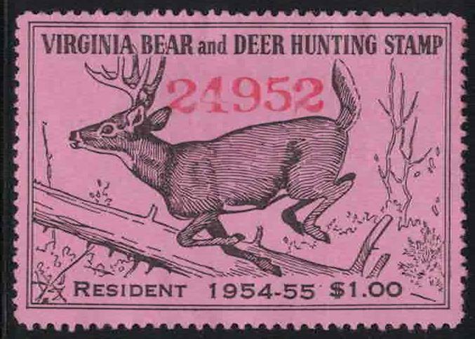 Virginia VA Hunting Bear and Deer Stamp Mint 33 1954-55 Resident $1.00