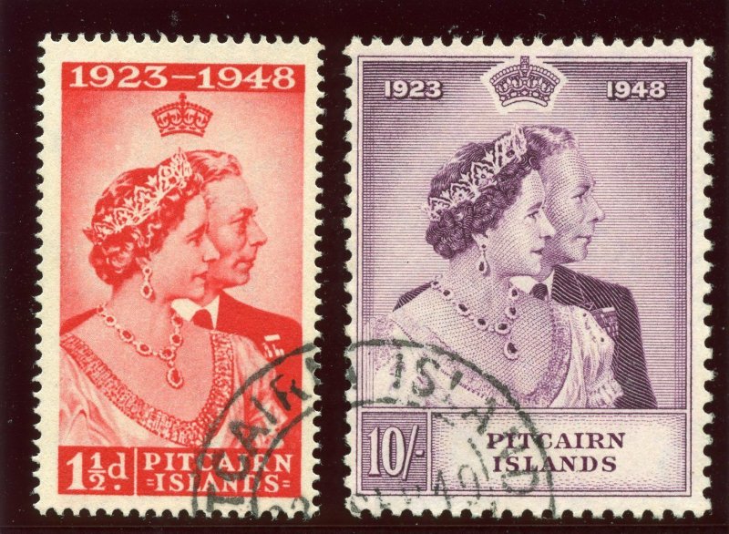 Pitcairn Islands 1949 KGVI Silver Wedding set complete VFU. SG 11-12. Sc 11-12.