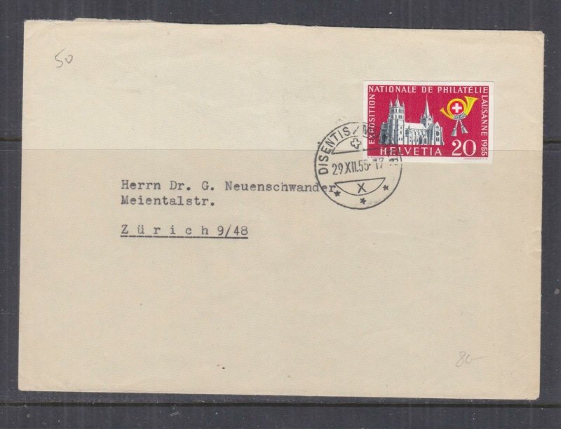 SWITZERLAND,1955 Philatelic Exhibition imperf. 20c. from Souvenir Sheet cover.