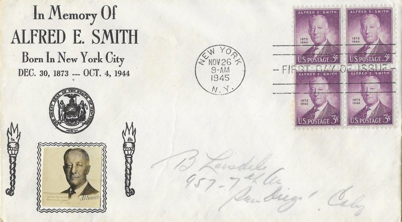 1945 DC, #937, 3c Alfred E. Smith, Crosby, block of 4