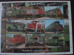 BENIN-2002- ANTIQUE CLASSIC LOCOMOTIVE TRAINS MNH SHEET.-VF-HARD TO FIND