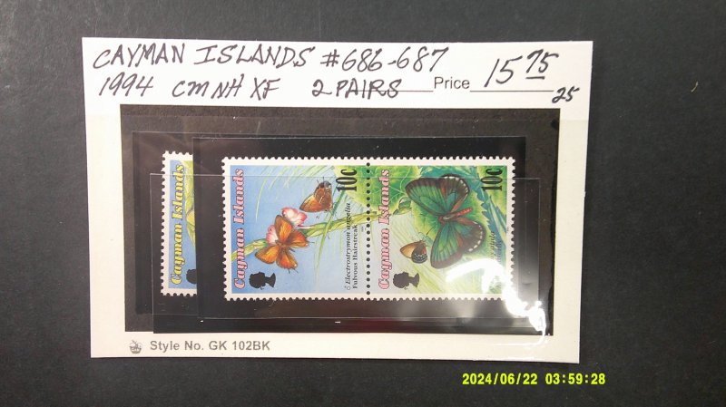 Cayman Islands 1994 Scott# 686-687 complete MNH XF set of 2 pairs Butterflies