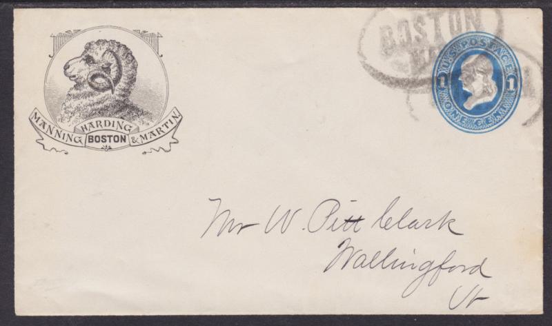 US Sc U113 used Manning, Harding & Martin Sheep Advertising Cover to Vermont