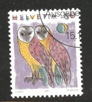 Switzerland Scott 873 precanceled Barn Owl bird stamp 1991 