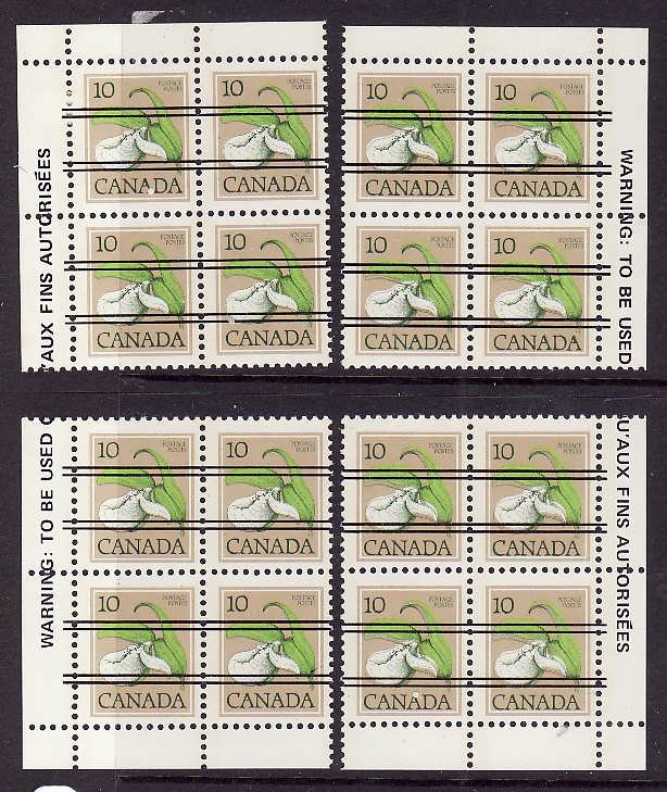 Canada-Sc#711xx-Unused NH 10c Lady's Slipper precancel-4 corner blocks-1977-82-