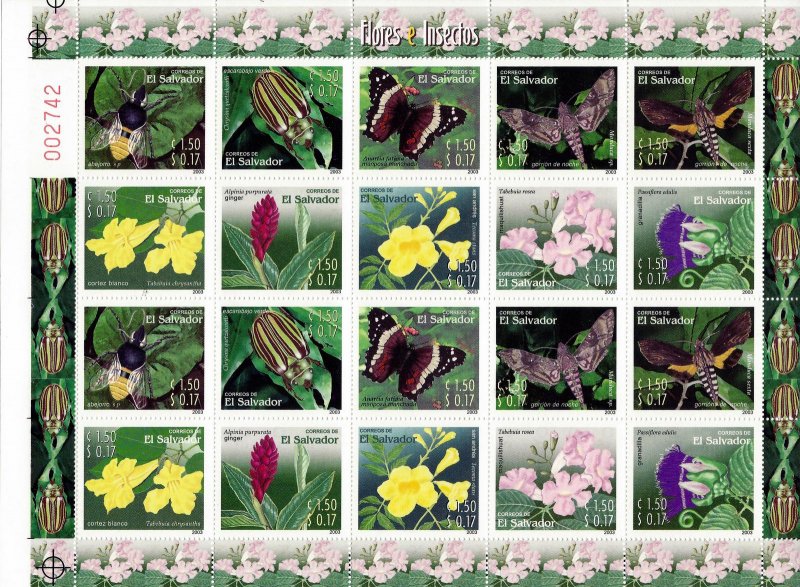 EL SALVADOR INSECTS and FLOWERS Sc 1587 FULL SHEET 20v MNH 2003