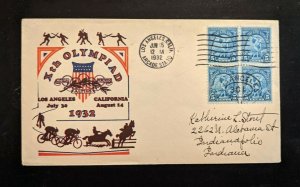 1932 10th Olympic Games Airmail Cover Los Angeles California to Indianapolis IN