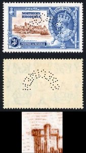 N. Rhodesia SG20f 1935 Silver Jubilee 3d Diagonal Line by Turret Perf Specimen