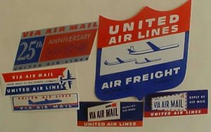 US AIRLINE LABLES 6 UNITED CI8RCA 1950'S ALL DIFF MINT NH