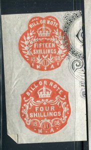 BRITAIN; 1908 early classic Embossed REVENUE Pair on PIECE fine used item