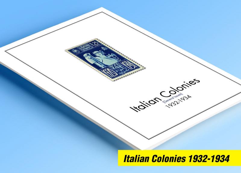 COLOR PRINTED ITALIAN COLONIES 1932-1934 STAMP ALBUM PAGES (8 illustrated pages)