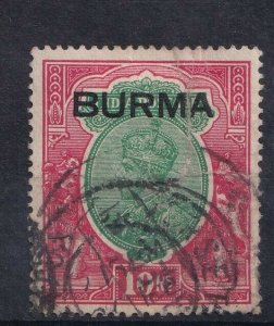 1937 BURMA - SG:16 - KGVI - 10R GREEN & SCARLET - USED SLIGHT CREASE SHORT PERFS