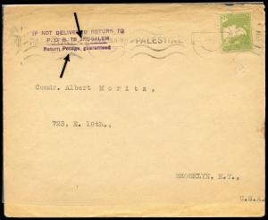 PALESTINE AGED HOME  COVER TO BROOKLYN WITH SPELLING ERRORS IN RETURN HANDSTAMP