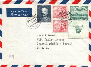 CZECHOSLOVAKIA AIRMAIL COVER FROM VODNANY TO IOWA SELECTION OF 5 DIFFERENT 1948