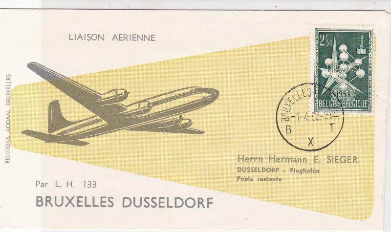 Belgium 1958 Brussels-Dusseldorf LH 133 Plane Pic Flight Stamps Cover Ref 27216